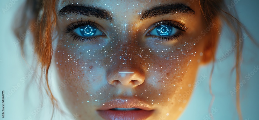 Close-up portrait of a woman with blue eyes and glowing skin. Close-up portrait of a woman with blue eyes and glowing skin.