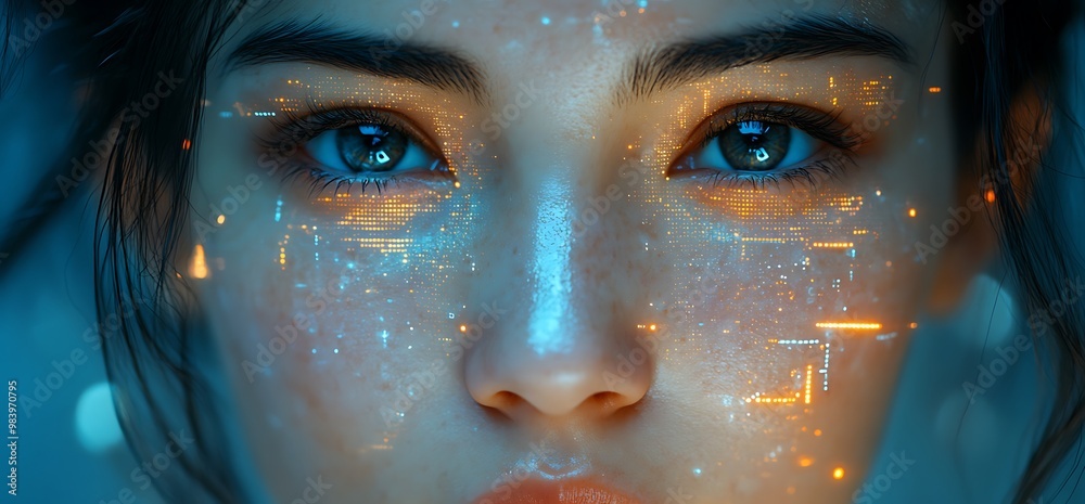 Close-up of a woman's face with digital patterns and lights. Close-up of a woman's face with digital patterns and lights.