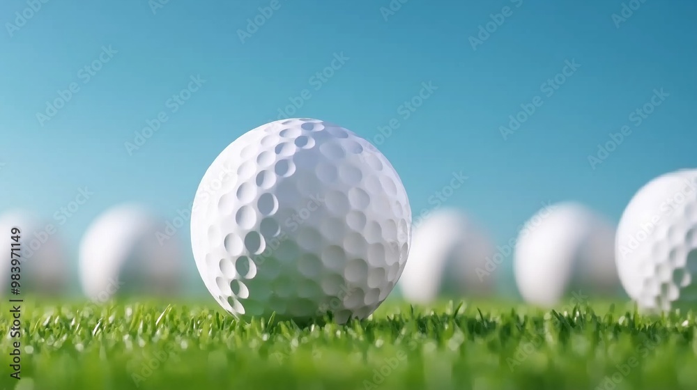 A white golf ball is sitting on a green field. Concept of calm and relaxation, as the golf ball is surrounded by a peaceful, natural setting A white golf ball is sitting on a green field. Concept of calm and relaxation, as the golf ball is surrounded by a peaceful, natural setting