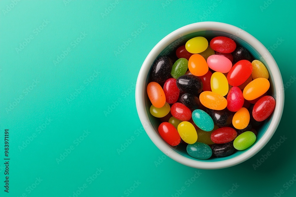 A bowl of colorful jelly beans against a green background A bowl of colorful jelly beans against a green background