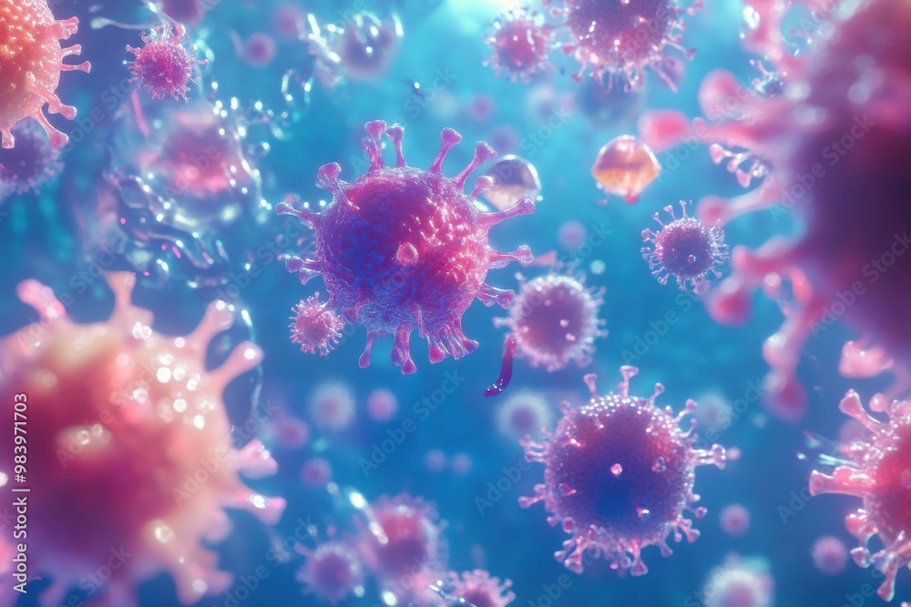 A detailed, 3D rendering of various viruses floating in a glowing blue background, A detailed, 3D rendering of various viruses floating in a glowing blue background,