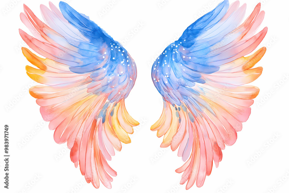 Obraz premium The wings of a bird are painted in a watercolor style, with a mix of blue, pink, and yellow colors. The wings are spread wide open, giving the impression of freedom and grace