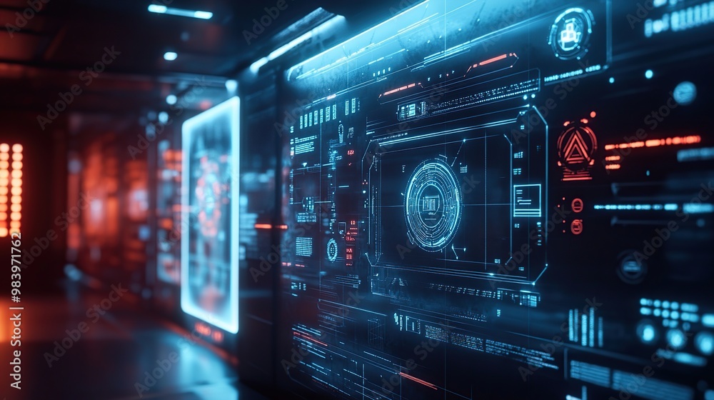 Futuristic cybersecurity system that protects global data networks. A computer screen that displays a hologram of digital data security. Futuristic cybersecurity system that protects global data networks. A computer screen that displays a hologram of digital data security.