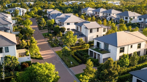 An aerial view of a modern suburb, where every house features off-white exteriors, nestled among mature trees and neat gardens