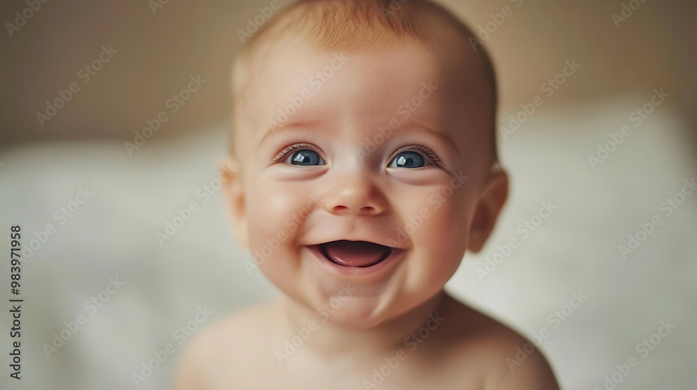 Happy baby boy sitting on the bedroom floor. Adorable baby smiling cheerfully while looking at the camera Happy baby boy sitting on the bedroom floor. Adorable baby smiling cheerfully while looking at the camera