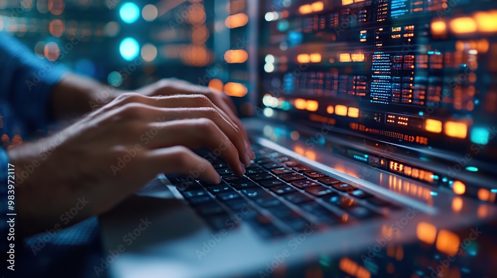 Male hands typing on keyboard in futuristic server room. Concept of digital technology, data storage, data center, cloud storage and web hosting Male hands typing on keyboard in futuristic server room. Concept of digital technology, data storage, data center, cloud storage and web hosting