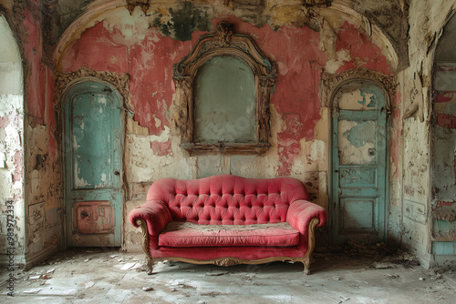 A room with peeling walls in an old abandoned building