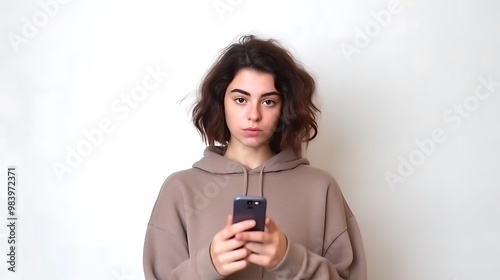 A young person holding a smartphone, looking serious against a plain background.