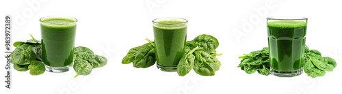 Set, collection of Glass of spinach juice isolated on transparent background.