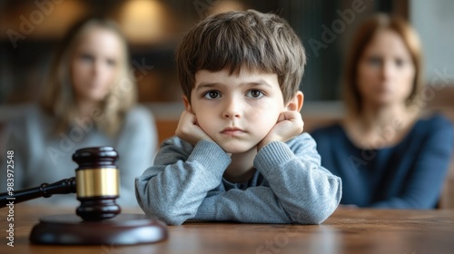 Cute child and mother at table with gavel of judge blurred in background, family law concept