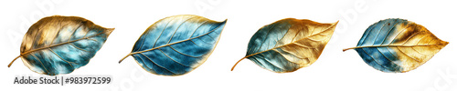 Set, collection of Gold and turquoise leaf isolated on transparent background.