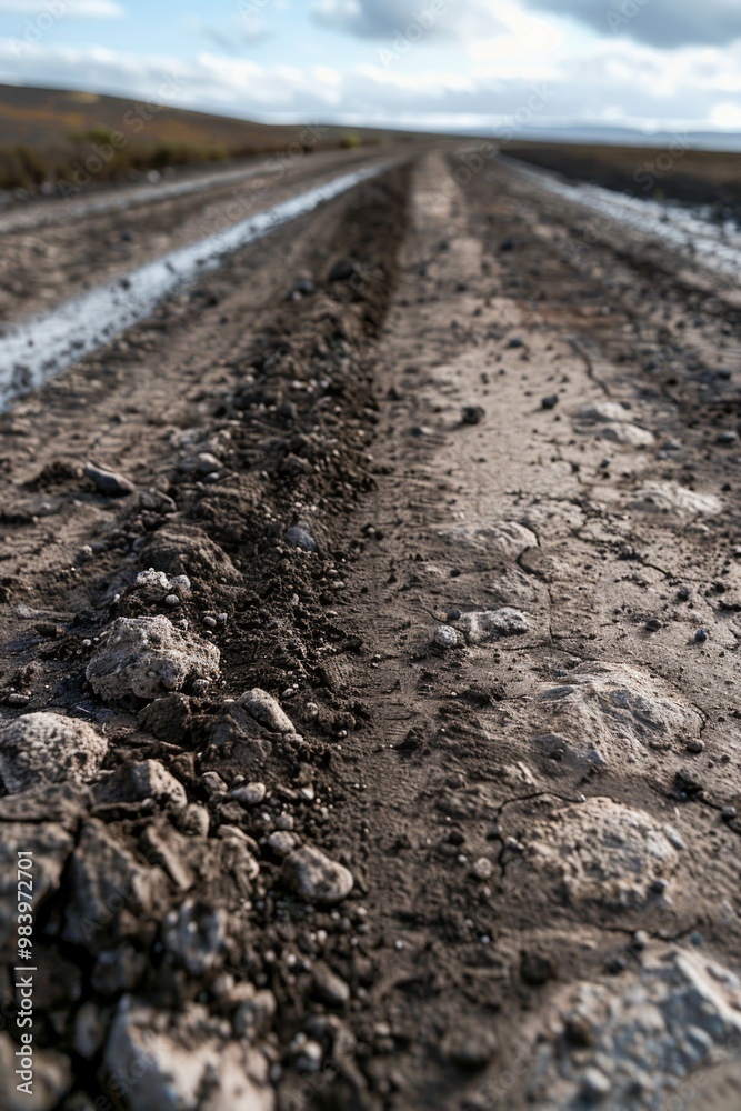 A muddy dirt road with deep tracks indicating heavy use. A muddy dirt road with deep tracks indicating heavy use.
