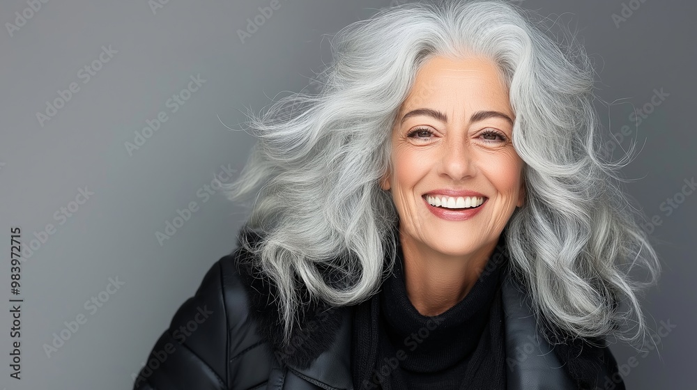 A woman with long gray hair is smiling and wearing a black jacket. Concept of warmth and happiness, as the woman's smile and the jacket's color create a cozy and inviting atmosphere A woman with long gray hair is smiling and wearing a black jacket. Concept of warmth and happiness, as the woman's smile and the jacket's color create a cozy and inviting atmosphere