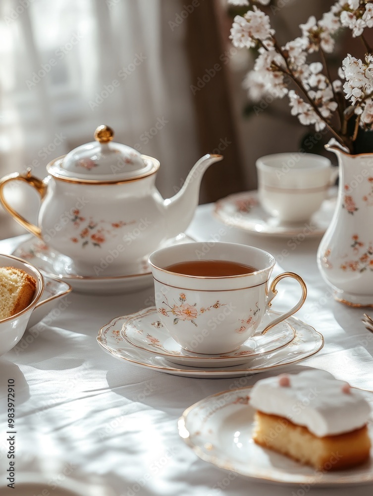 A high tea setting with elegant teacups, saucers, plates and pastries. A high tea setting with elegant teacups, saucers, plates and pastries.