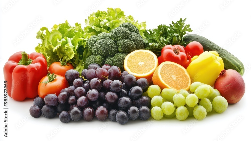 Healthy lifestyle concept close-up view of fresh fruits and vegetables neatly arranged in a vibrant display with bright colors on a clean white background Healthy lifestyle concept close-up view of fresh fruits and vegetables neatly arranged in a vibrant display with bright colors on a clean white background