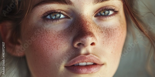 A close-up photo of a woman's face with visible freckles on her skin, showcasing the natural beauty and details of her facial features.