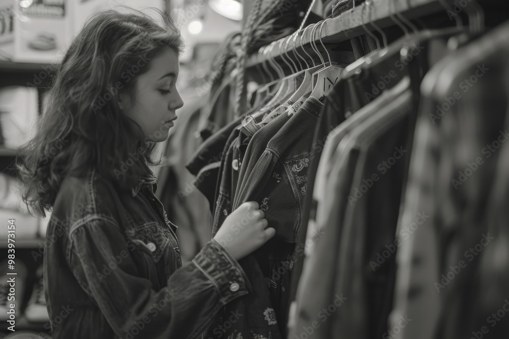 © vefimov - A young woman looking at clothes hanging on a rack in a store, searching for the right outfit.
