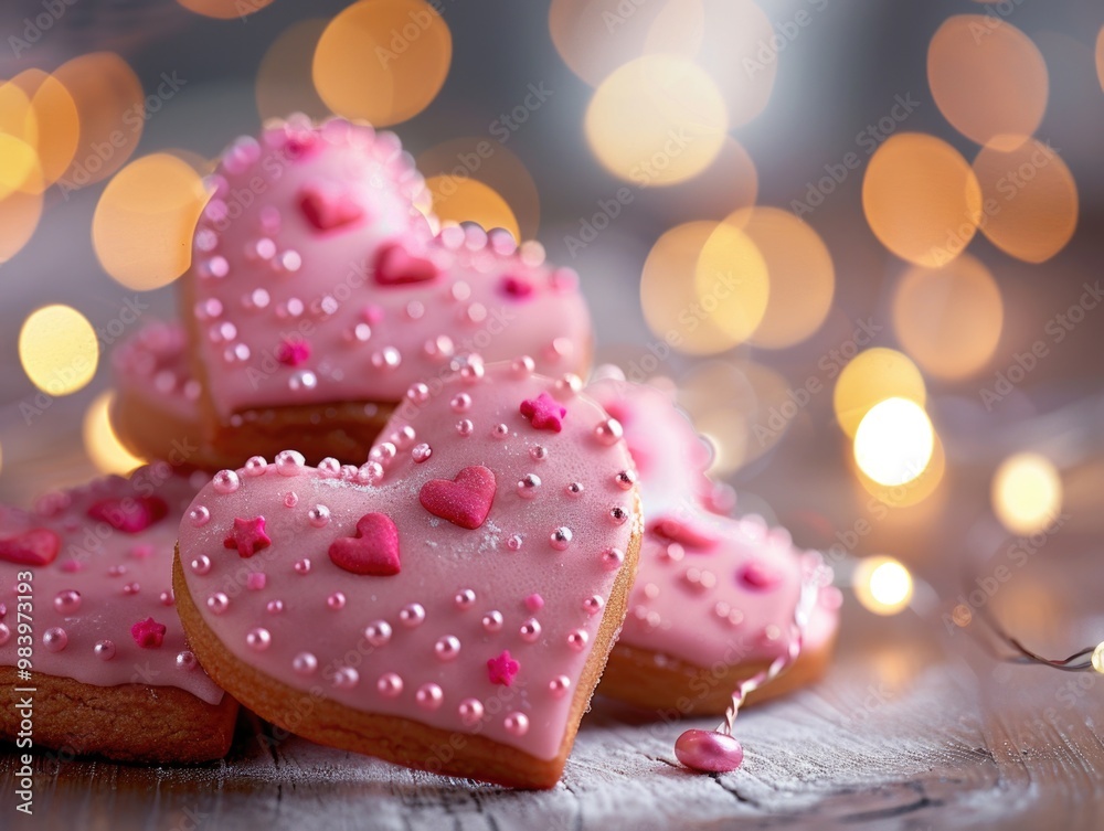 Pink heart-shaped cookies with pink hearts and sprinkles. These sweet treats are perfect for celebrating Valentine's Day or any special occasion. Pink heart-shaped cookies with pink hearts and sprinkles. These sweet treats are perfect for celebrating Valentine's Day or any special occasion.