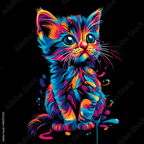 Vibrant Pop Art Kitten Illustration with Bright, Bold Colors on Black Background, Ideal for Animal Art Lovers and Modern Pet Portraits