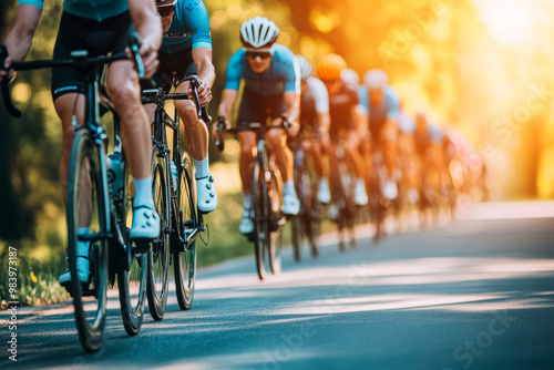 Cyclists racing in a line during a road competition at sunrise