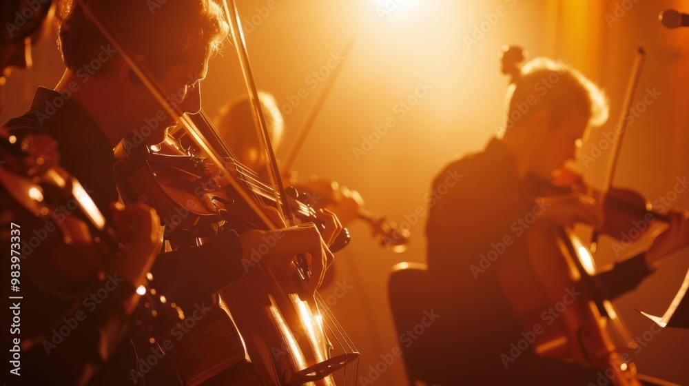 Fototapeta premium Classical musicians playing violins in warm light, creating beautiful music at a live concert. A moment of harmony and emotion.