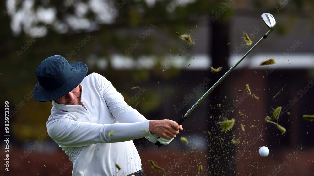 A golfer's swing causes leaves on the ground to scatter. A golfer's swing causes leaves on the ground to scatter.