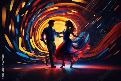 dancing couple in the dark blue, red, yellow tones illustration