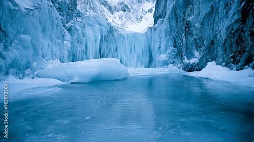 Glacial meltwater cascading dramatically from a calving iceberg, showcasing massive ice chunks and a serene polar landscape. This breathtaking view captures the beauty and power of nature