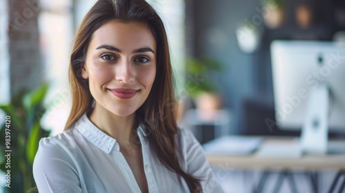 Smiling businesswoman in a professional office environment, ready for a meeting or presentation.