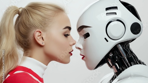 A woman is kissing a robot. The robot is white and has a black face. The woman is wearing a red shirt