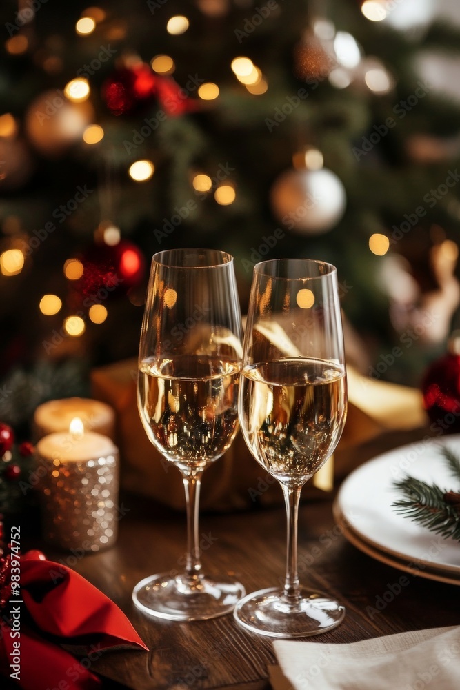 Elegant Christmas dinner table setting with red and gold decorations, candles, and greenery, set in front of a Christmas tree with glowing bokeh lights.