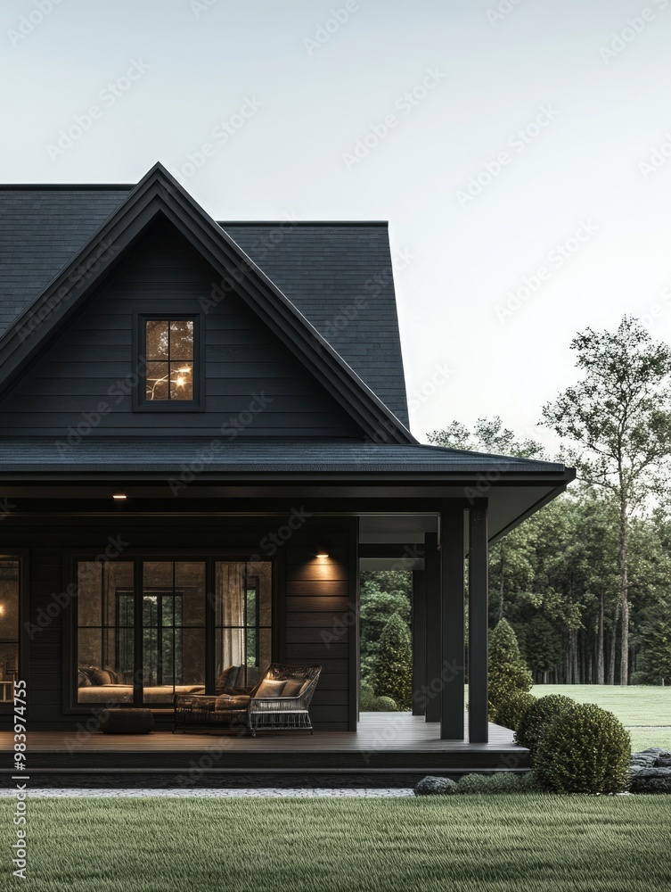 This modern country house features a solar panel roof for efficient energy use and eco-friendliness. The exterior is designed with natural materials This modern country house features a solar panel roof for efficient energy use and eco-friendliness. The exterior is designed with natural materials
