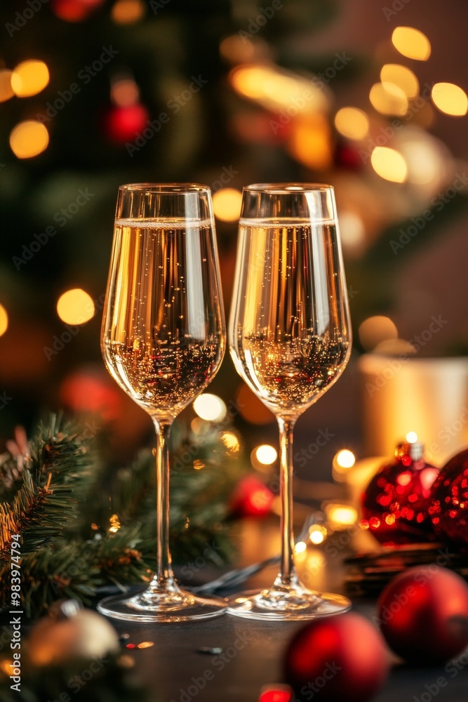 Two champagne glasses placed on a festive table decorated with Christmas ornaments and glowing lights, capturing the essence of holiday celebration. Two champagne glasses placed on a festive table decorated with Christmas ornaments and glowing lights, capturing the essence of holiday celebration.