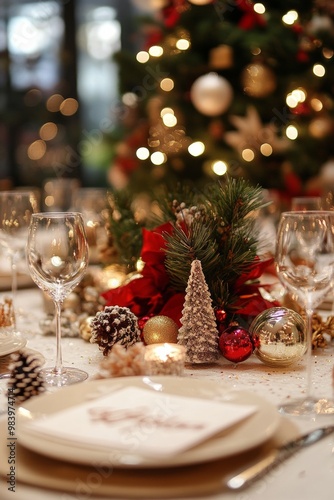 Elegant Christmas dinner table setting with red and gold decorations, candles, and greenery, set in front of a Christmas tree with glowing bokeh lights. photo