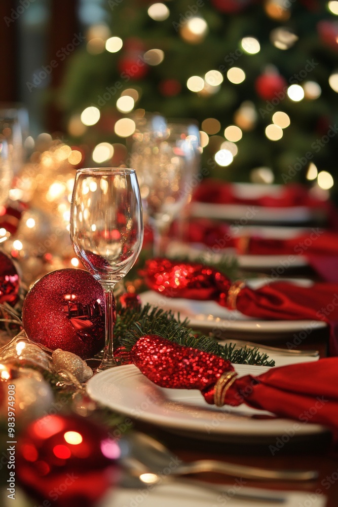 Elegant Christmas dinner table setting with red and gold decorations, candles, and greenery, set in front of a Christmas tree with glowing bokeh lights. Elegant Christmas dinner table setting with red and gold decorations, candles, and greenery, set in front of a Christmas tree with glowing bokeh lights.