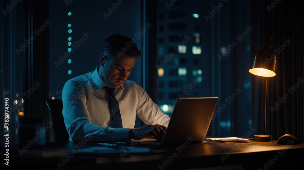 Businessman Working on Laptop in Dimly Lit Office Desk Businessman Working on Laptop in Dimly Lit Office Desk