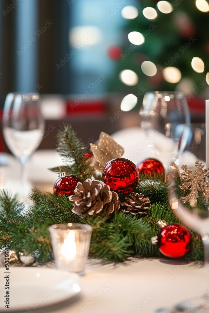 Elegant Christmas dinner table setting with red and gold decorations, candles, and greenery, set in front of a Christmas tree with glowing bokeh lights. Elegant Christmas dinner table setting with red and gold decorations, candles, and greenery, set in front of a Christmas tree with glowing bokeh lights.