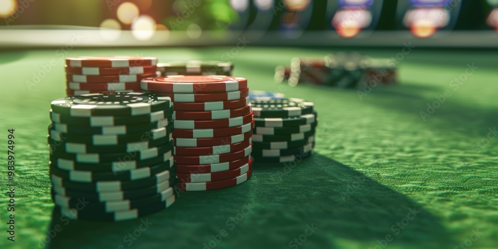 A game of poker with a deck of cards and chips on the green table. A game of poker with a deck of cards and chips on the green table.