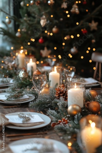 Elegant Christmas dinner table setting with red and gold decorations, candles, and greenery, set in front of a Christmas tree with glowing bokeh lights. photo