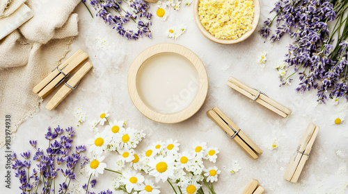 top-down view of sustainable laundry detergent with a lavender and chamomile floral scent photo