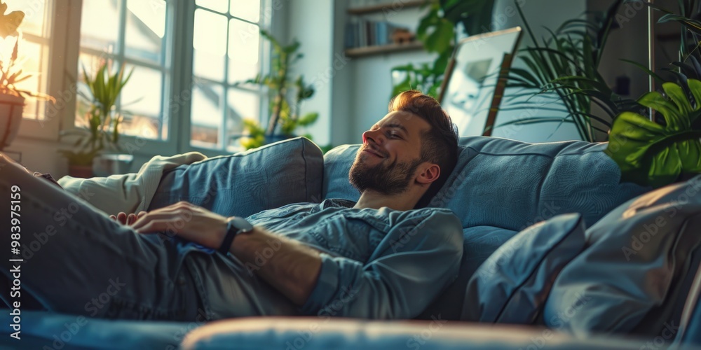 Happy man reclining on plush sofa with potted plants in background, basking in warm indoor sunlight. Happy man reclining on plush sofa with potted plants in background, basking in warm indoor sunlight.