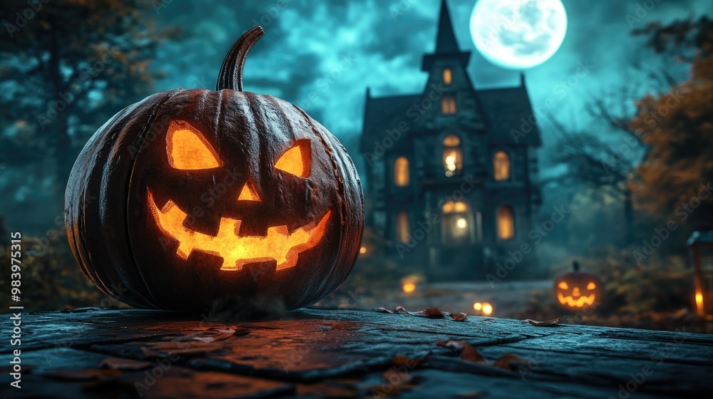Fototapeta premium Halloween pumpkin with candlelight in front of a haunted house background,