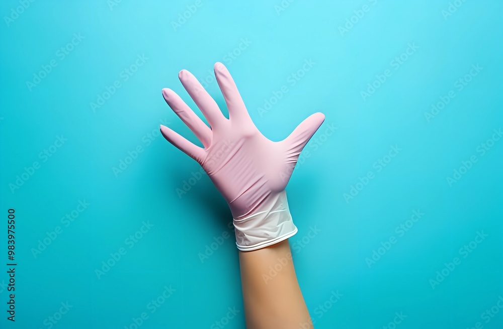 Human Hand in a Light Pink Rubber Glove on a Blue Background Human Hand in a Light Pink Rubber Glove on a Blue Background