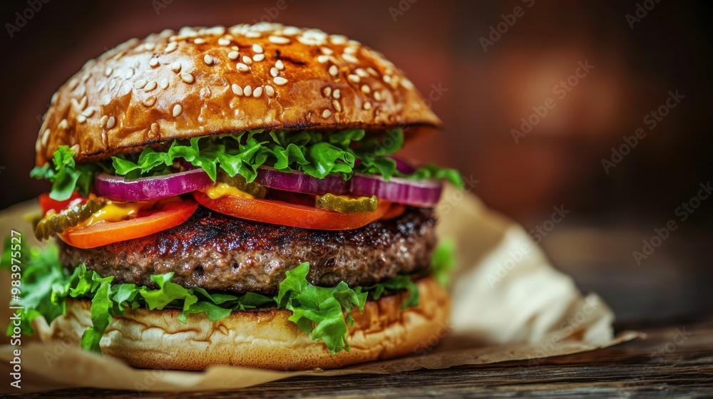 Close-up of freshly prepared burger showing layers of ingredients with vibrant colors on a wooden surface capturing a delicious and mouth-watering moment Close-up of freshly prepared burger showing layers of ingredients with vibrant colors on a wooden surface capturing a delicious and mouth-watering moment