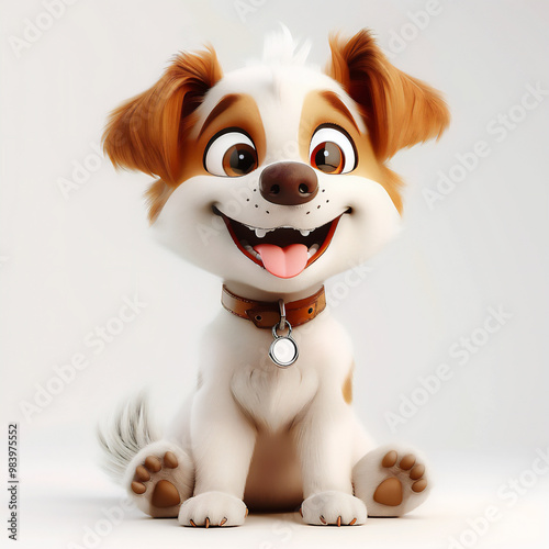 A cute 3d cartoon character of a happy dog, white background, cute and sweet