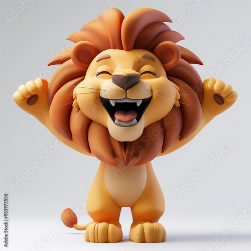 A cute 3d cartoon character of a happy lion, white background, cute and sweet