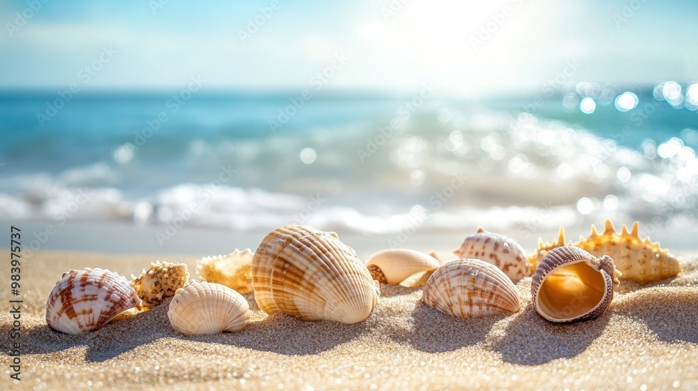 Beach holiday scene with various seashells scattered along the sandy shore creating a relaxing and tropical atmosphere in bright daylight Beach holiday scene with various seashells scattered along the sandy shore creating a relaxing and tropical atmosphere in bright daylight