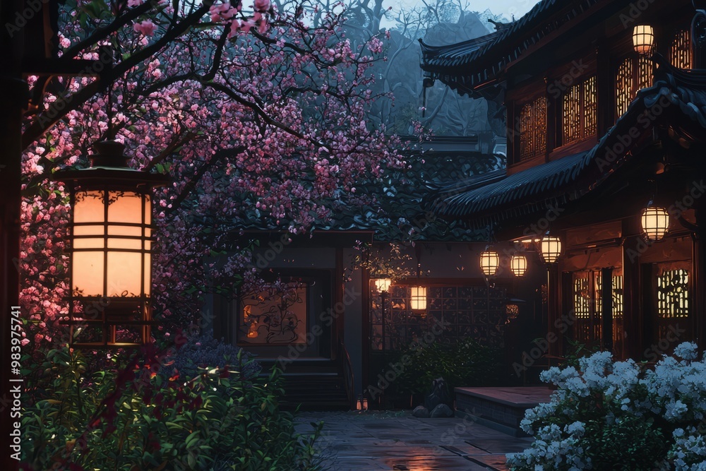 A Charming Temple With A Peaceful Courtyard Filled With Traditional Lanterns And Soft Evening Light, Providing A Cozy And Inviting, Generative AI A Charming Temple With A Peaceful Courtyard Filled With Traditional Lanterns And Soft Evening Light, Providing A Cozy And Inviting, Generative AI