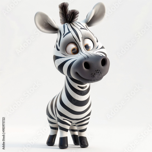 A cute 3d cartoon character of a happy zebra, white background, cute and sweet