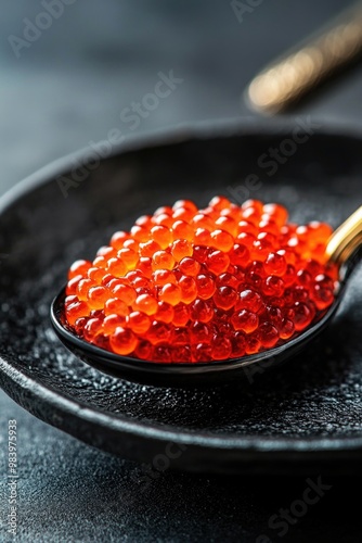 Red pearls in a spoon, looking like jewelry or salt crystals. photo